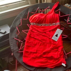 Red One-Shoulder Dress with Silver Accents